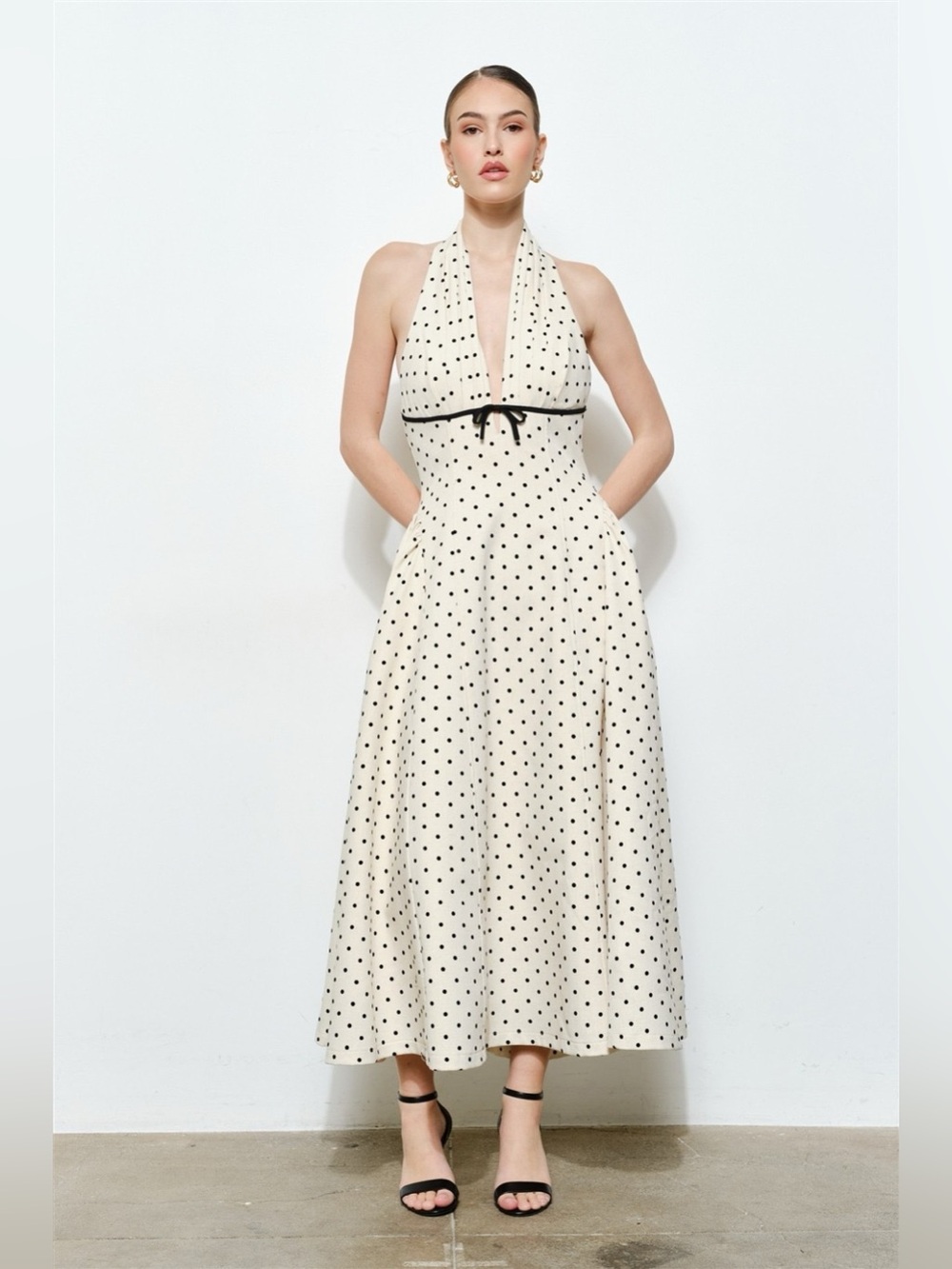 Beautiful Maxi Polka Dot Dress With A Bow Detail
